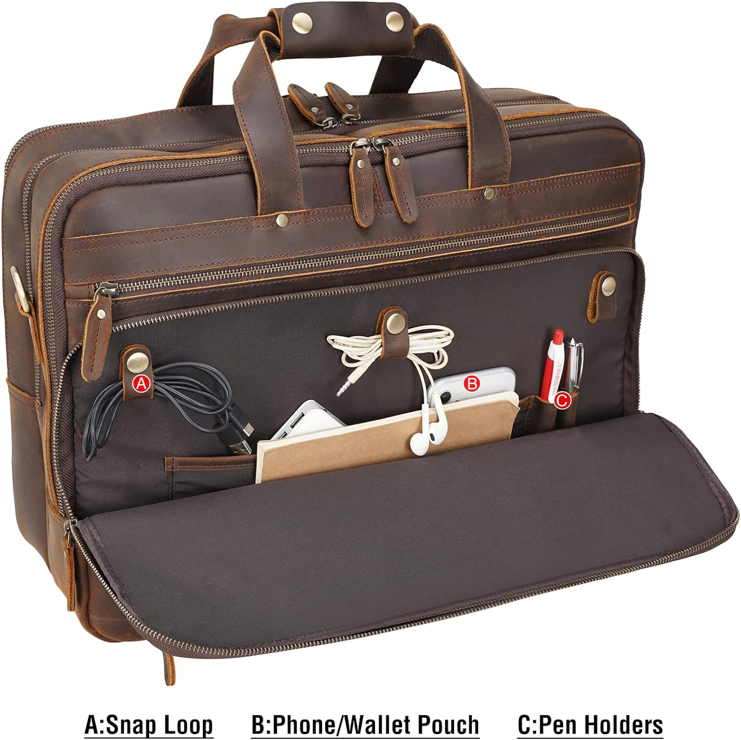 Large Leather Business Briefcase for Men 18" Napa Leather Laptop Case Messenger Bag Fits 17.3" Laptop (Black) - Image 3